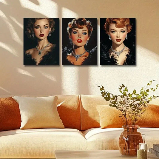 3pcs Elegant Black Swan Goddess with Jewelry Metal Print Ready to Hang Art