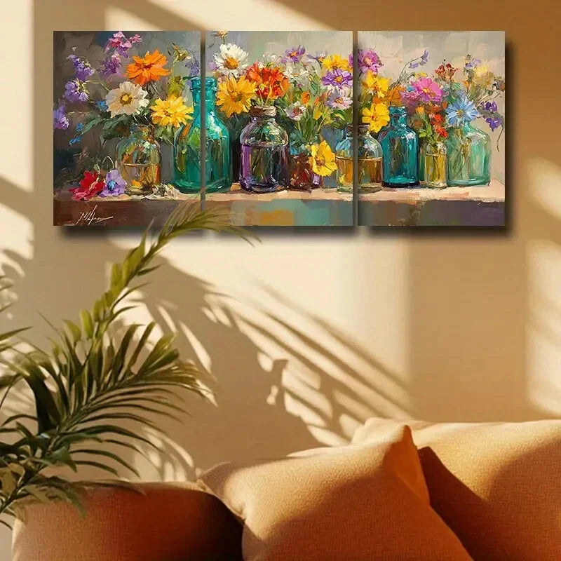 3pcs Colorful Glass Vase Arrangements Metal Print Ready to Hang Art