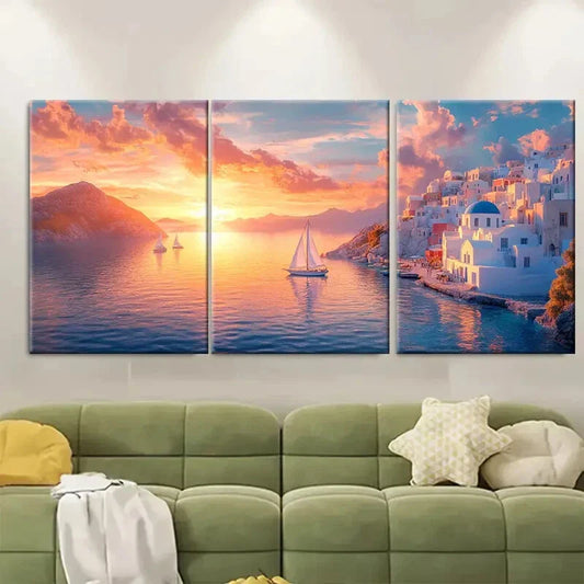 3pcs Romantic Greek Island Sunset Sea Reflections Metal Print Ready to Hang Art