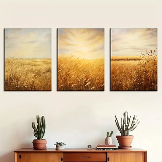 3pcs Golden wheat fields, harvest farm country Wall Art Set Canvas Framed 40x60cm - High Quality Print 100% Australian Made Wall Canvas Ready to Hang