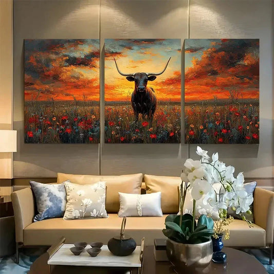 3pcs Majestic Longhorn with Wildflowers Metal Print Ready to Hang Art