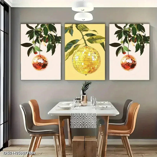 3pcs Disco Ball Disco Orange Art Pink Disco Bar Metal Print Ready to Hang Art