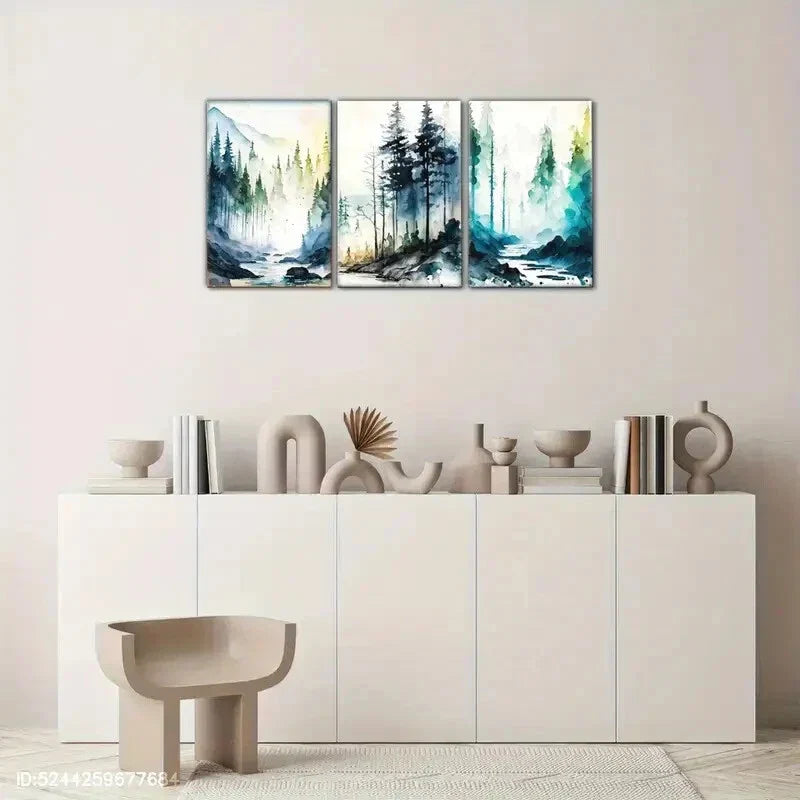 3pcs Serene Mountain & Forest Scenes Watercolor Metal Print Ready to Hang Art