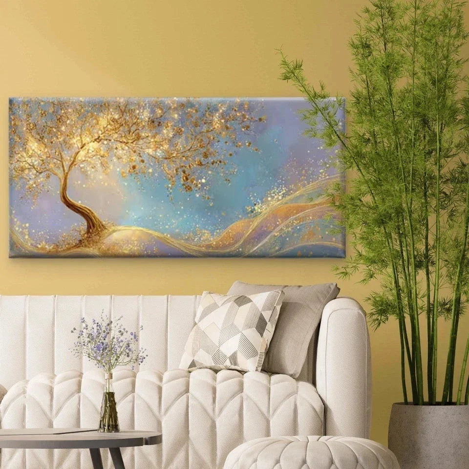 Golden Tree Luminous Waves Wall Art Canvas Office Home Room Framed 80x45cm