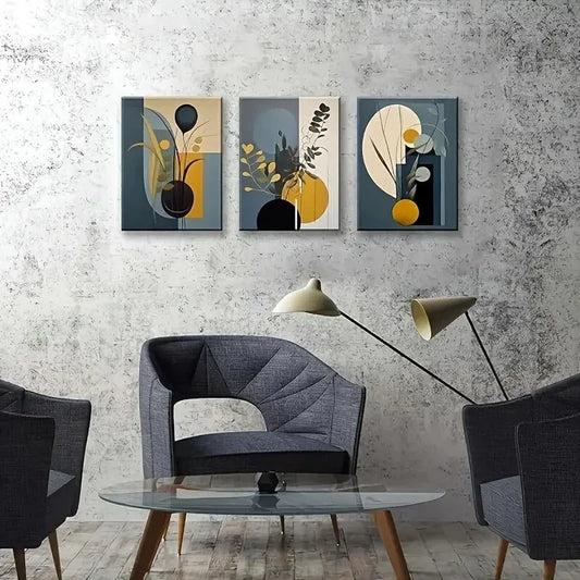 3pcs Boho Chic Geometric & Eucalyptus Leaf , Metal Print Ready to Hang Art