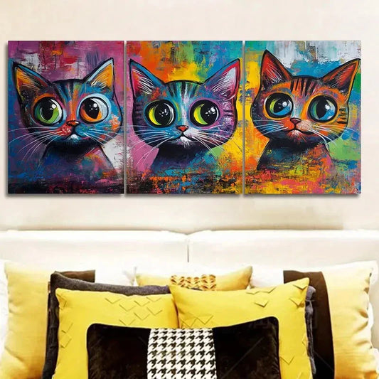 3pcs Colorful Cats Wall Art Set Canvas Framed 40x60cm - High Quality Print 100% Australian Made Wall Canvas Ready to Hang