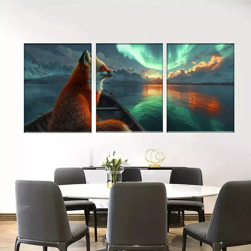 3pcs Aurora Borealis Fox Canvas Print Norther Wall Art Set Canvas Framed 40x60cm - High Quality Print 100% Australian Made Wall Canvas Ready to Hang