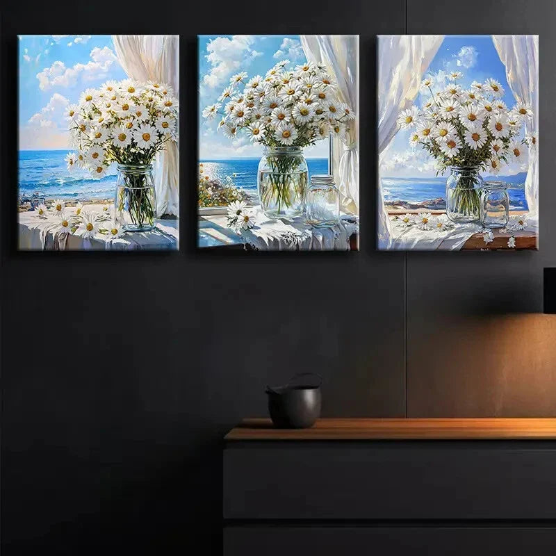 3pcs Daisies on the Windowsill Metal Print Ready to Hang Art