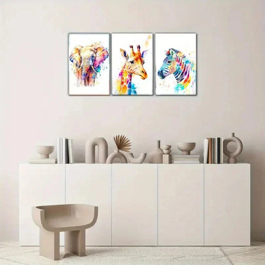 3pcs Elephant Sika Deer Zebra Animal Poster Metal Print Ready to Hang Art