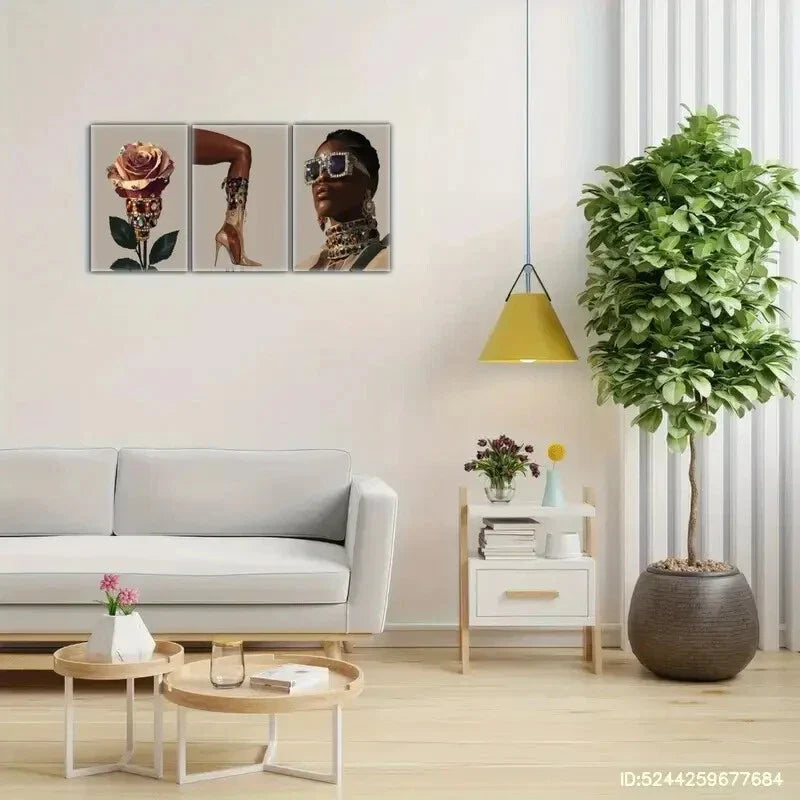 3pcs Golden Rose Art Poster Exquisite Female Metal Print Ready to Hang Art