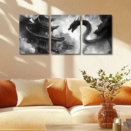 3pcs Chinese Dragon Design with Pagoda & Clouds Metal Print Ready to Hang Art