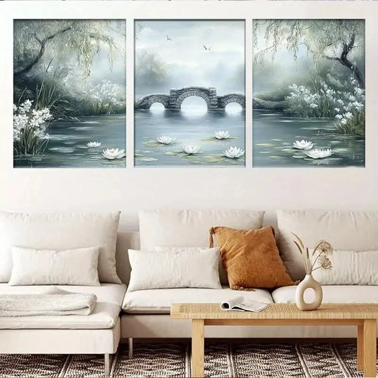 3pcs Bridge & Lily Pads - Tranquil River Scene Metal Print Ready to Hang Art