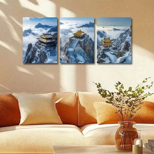 3pcs Triptych of Temple on top of Hill Foggy Peak Metal Print Ready to Hang Art