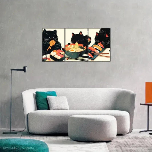 3pcs Black Cat Illustration Art Print Cute Cats Metal Print Ready to Hang Art