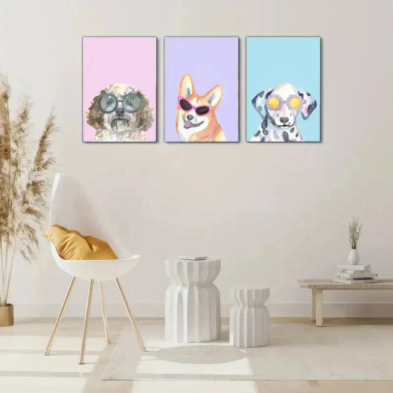 3pcs Dalmatian Corgi Dog with Glasses Art Print Metal Print Ready to Hang Art