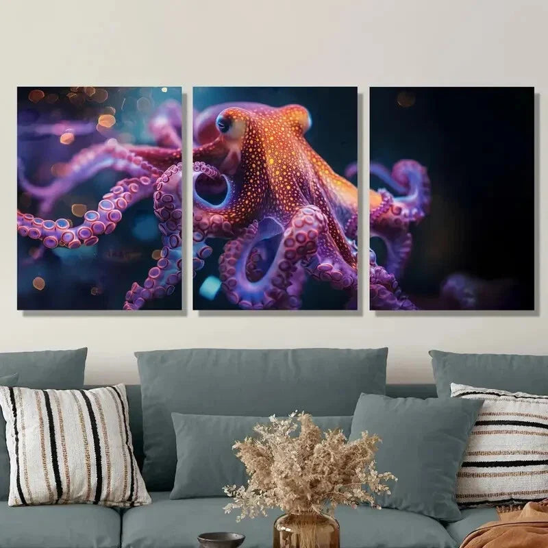 3pcs Octopus with Purple And Yellow Tentacles Metal Print Ready to Hang Art