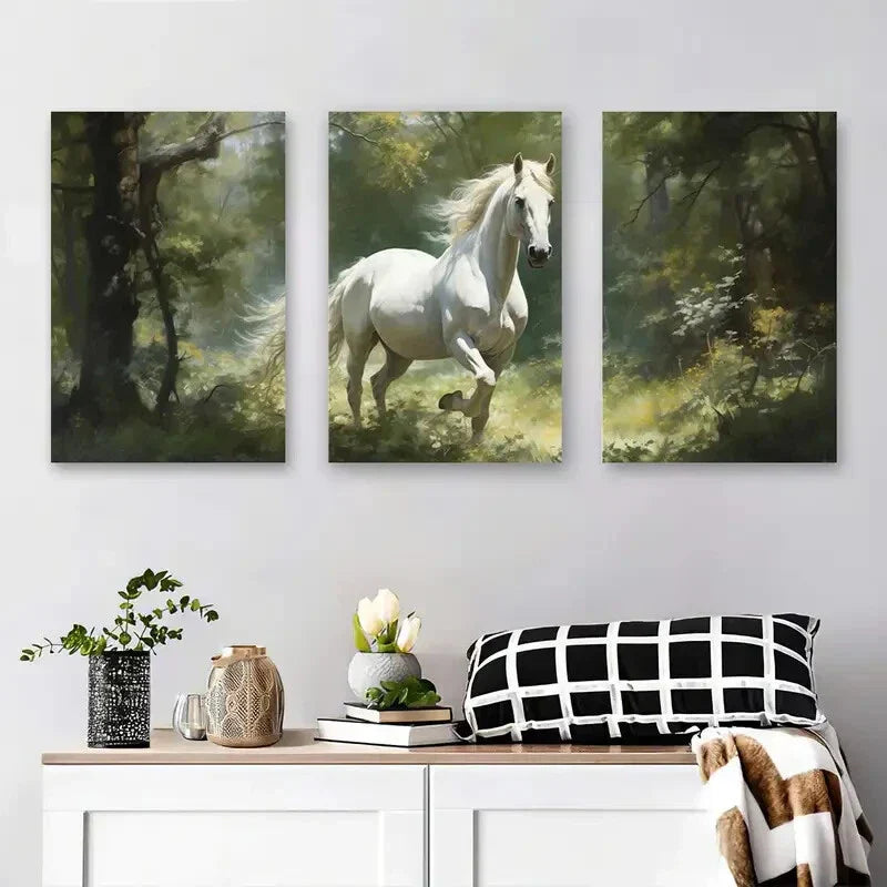 3pcs Majestic White Horse Running Metal Print Ready to Hang Art