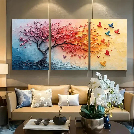 3pcs Abstract Pastel Tree with Birds and Soft Colo Metal Print Ready to Hang Art
