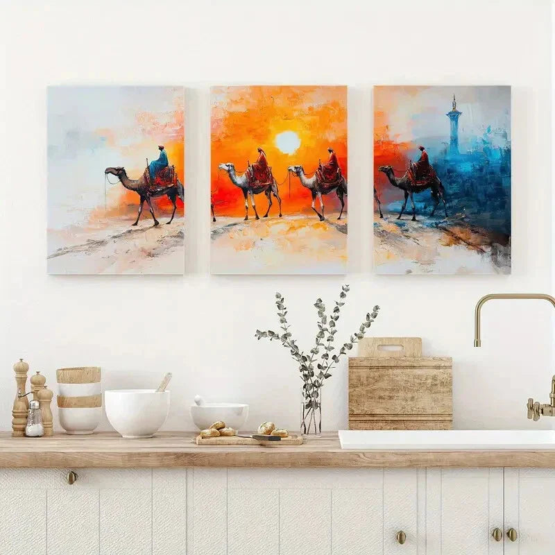 3pcs Vibrant Camel Sunset Silhouette & Cityscape Metal Print Ready to Hang Art