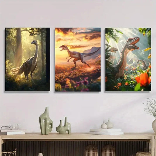 3pcs Dinosaurs in Forest, Desert, and Jungle Metal Print Ready to Hang Art
