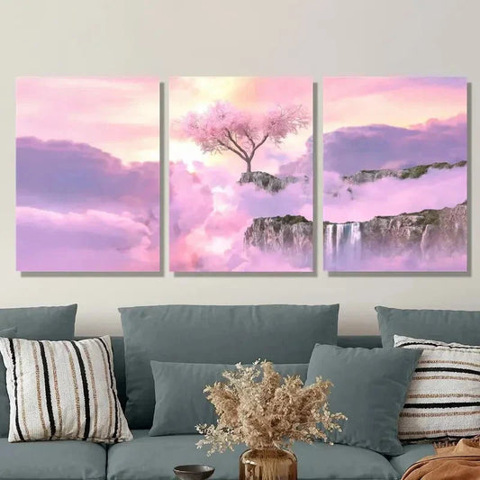 3pcs Landscape with Waterfalls Cherry Blossoms Metal Print Ready to Hang Art