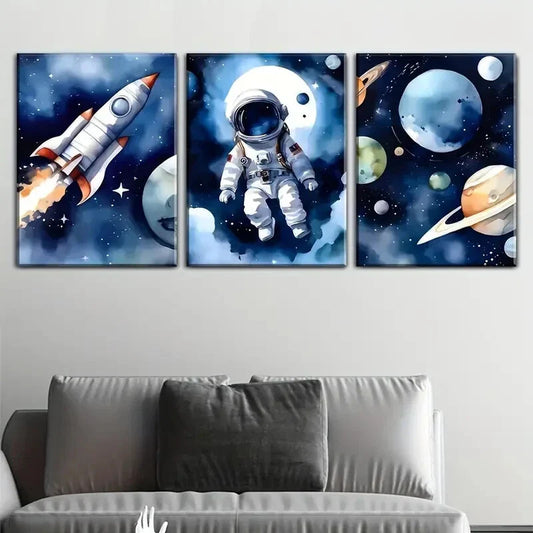 3pcs cartoon astronaut and outer space, Metal Print Ready to Hang Art