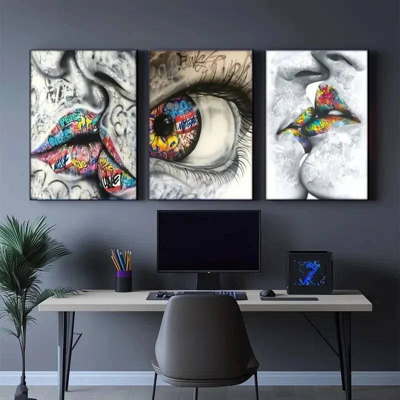 3pcs Vibrant Graffiti Kiss Art Print Bold Metal Print Ready to Hang Art