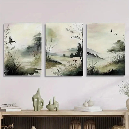 3pcs , Watercolor Birds & Pond, Ink Painting Metal Print Ready to Hang Art