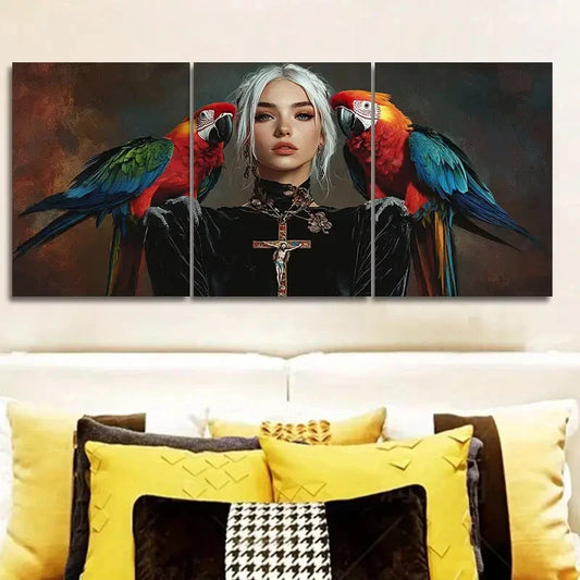 3pcs Colorful Parrots And Girls Wall Art Set Canvas Framed 40x60cm - High Quality Print 100% Australian Made Wall Canvas Ready to Hang