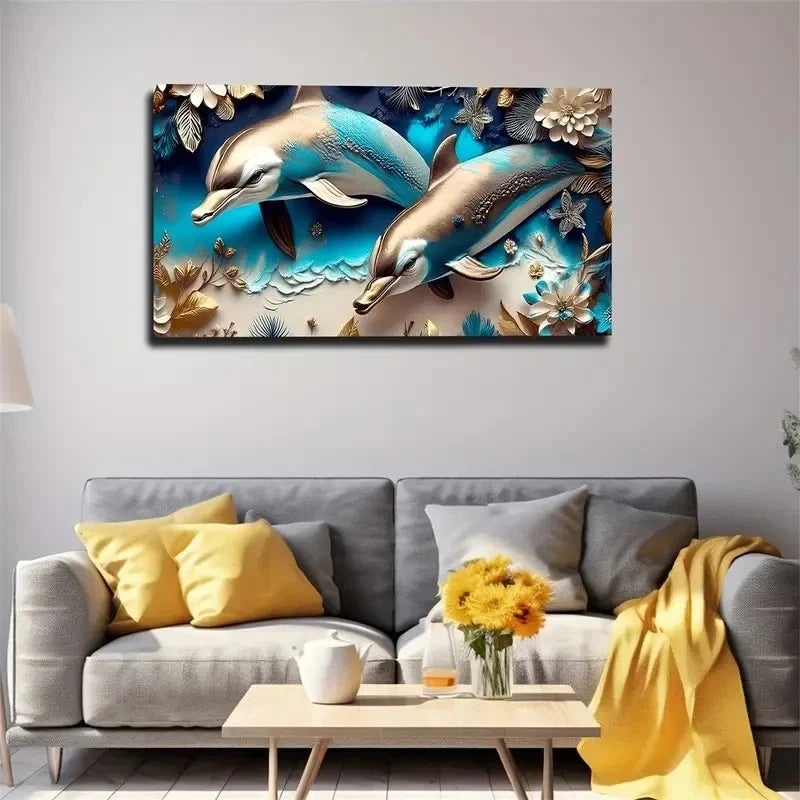 A Pair Of Dolphins Wall Art Canvas Office Home Room Framed 80x45cm
