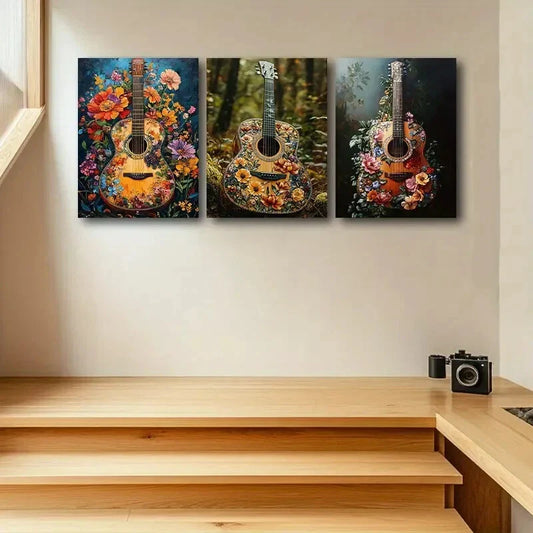 3pcs Guitar Flowers Design Metal Print Ready to Hang Art