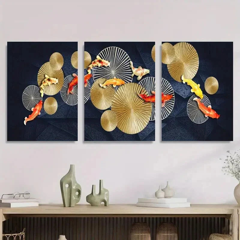 3pcs Elegant Koi Fish Golden & Red Koi Modern Metal Print Ready to Hang Art