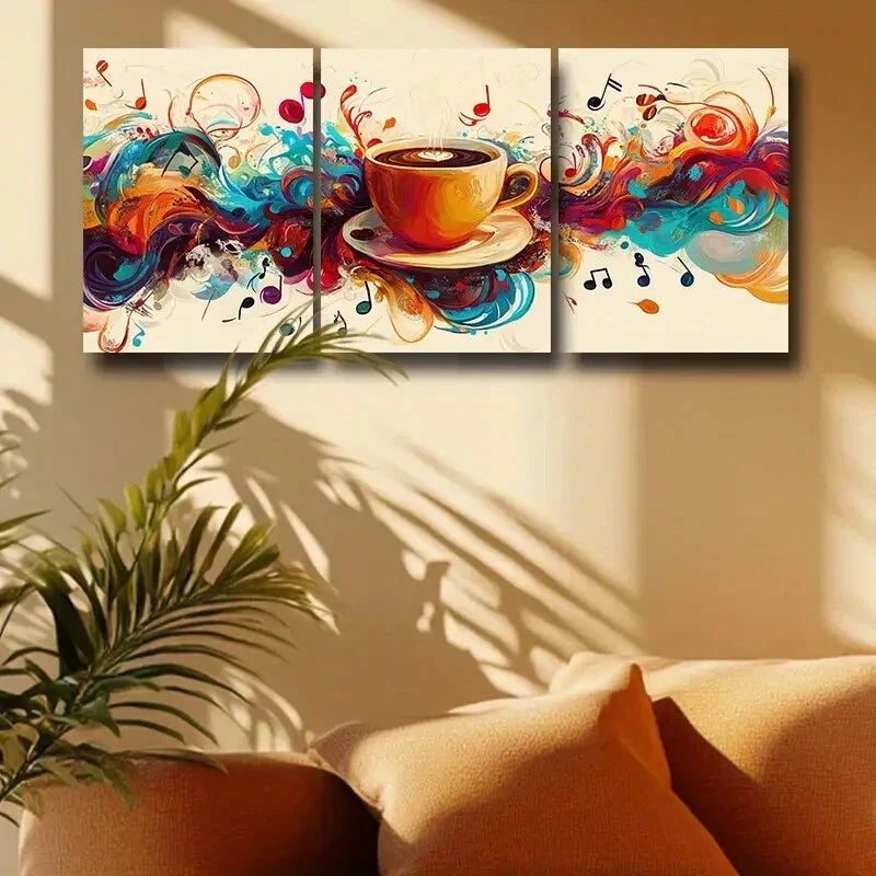 3pcs Vibrant Abstract Music & Coffee Design Metal Print Ready to Hang Art