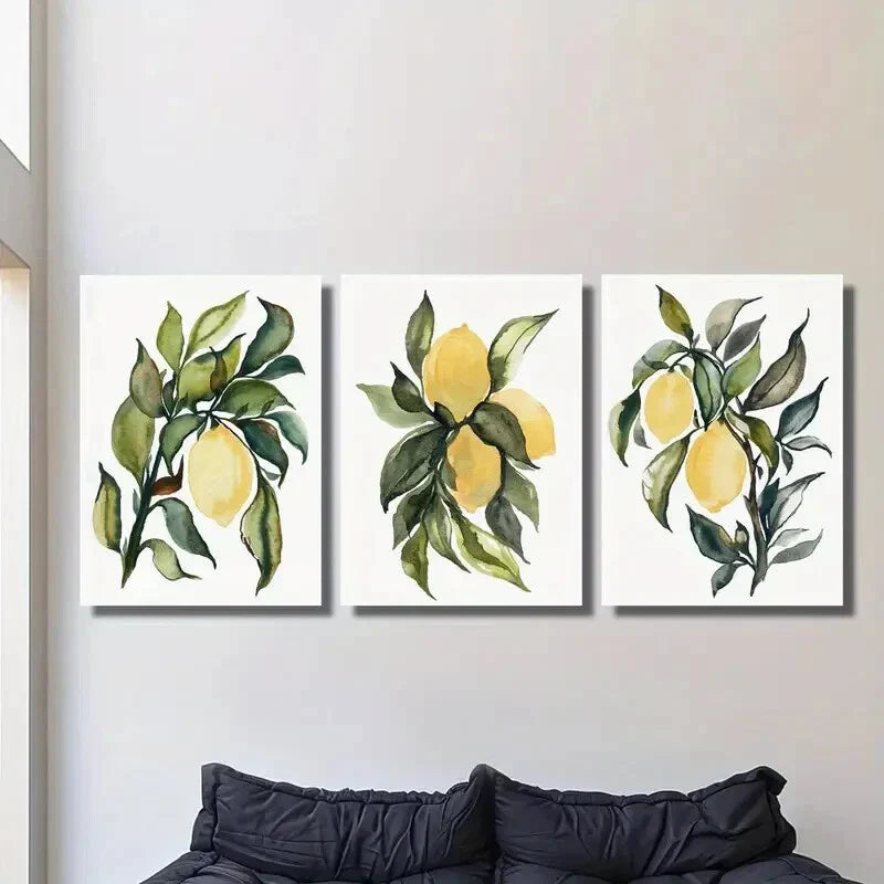 3pcs Botanical Fruit Illustrations with Green Leaf Metal Print Ready to Hang Art