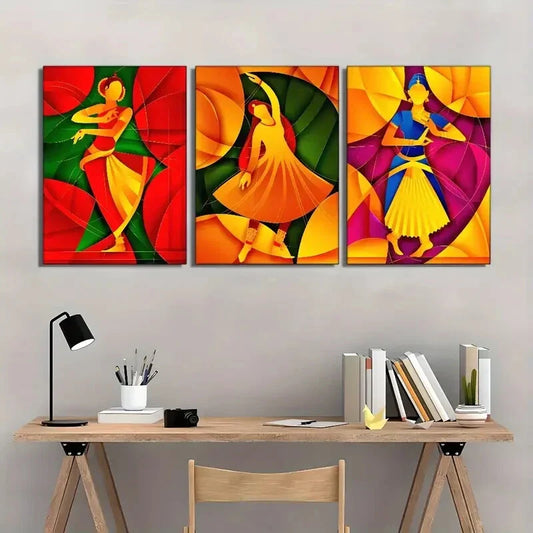 3pcs Indian Female Dancer Colorful Traditional Metal Print Ready to Hang Art