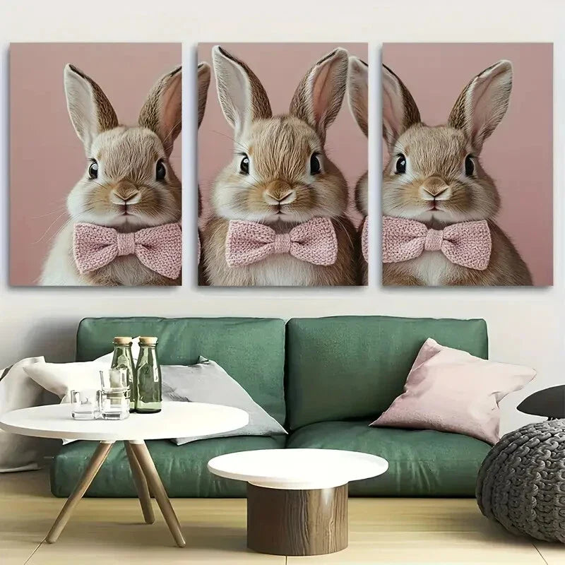 3pcs Cute Fluffy Rabbit Pink Bow Metal Print Ready to Hang Art