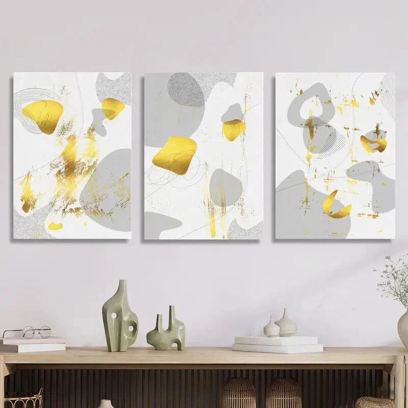 3pcs Luxurious Abstract Golden Gray Marble Texture Metal Print Ready to Hang Art