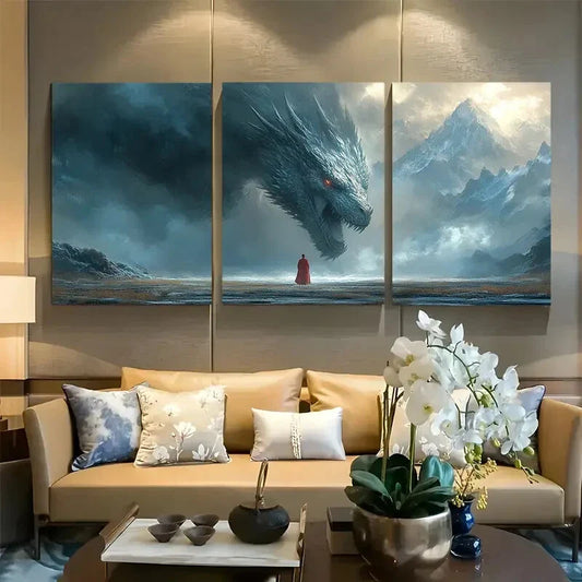 3pcs Woman Confronting Dragon in Misty Mountains Metal Print Ready to Hang Art