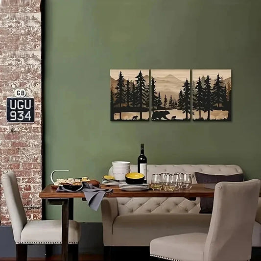 3pcs Featuring Bear Designs for Rustic Metal Print Ready to Hang Art