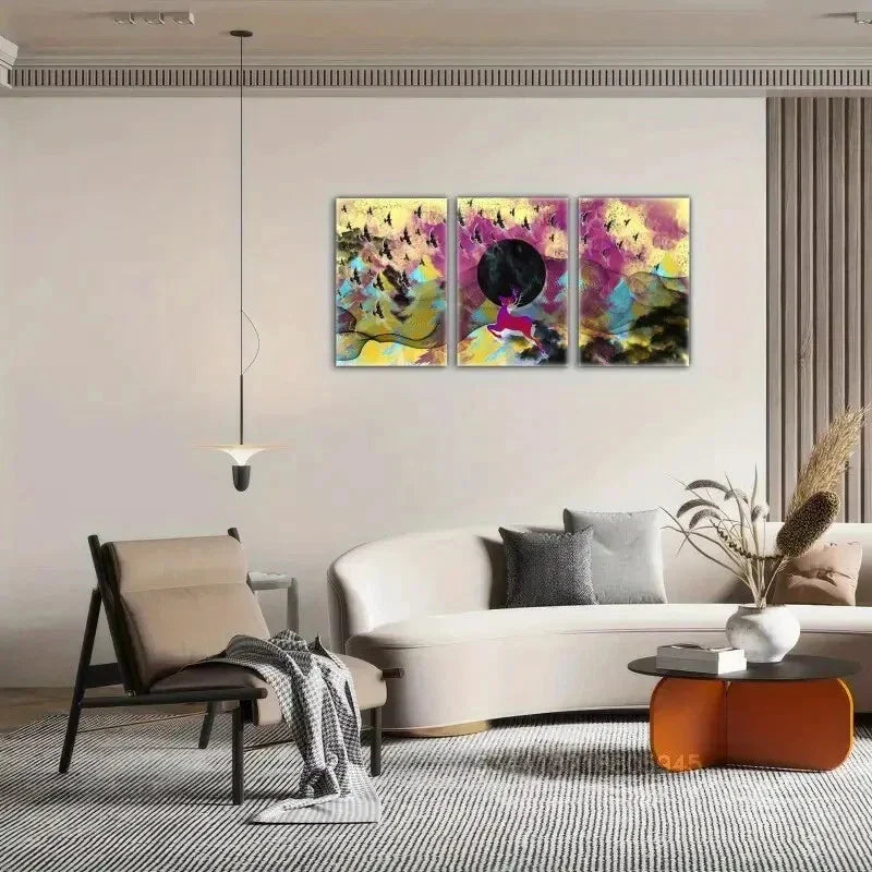 3pcs Sika deer, flying birds, beautiful scenery Metal Print Ready to Hang Art