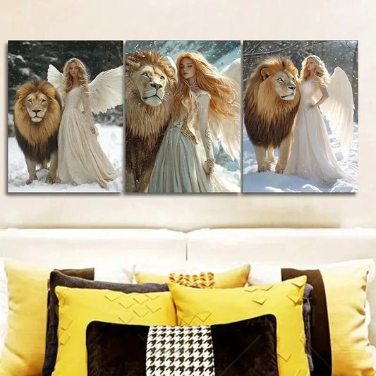 3pcs The girl and the lion in the snow Wall Art Set Canvas Framed 40x60cm - High Quality Print 100% Australian Made Wall Canvas Ready to Hang