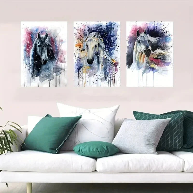 3pcs Abstract Horse with Ink Splatter Metal Print Ready to Hang Art