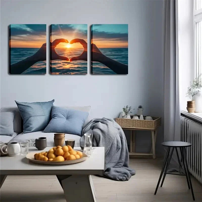 3pcs Hands Forming Heart Silhouette at Sunset Metal Print Ready to Hang Art