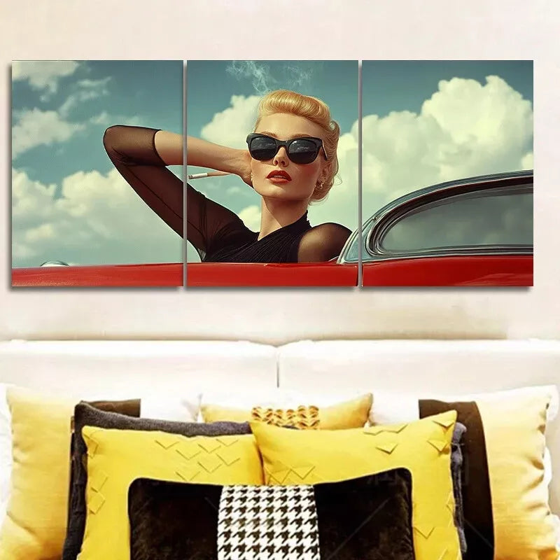 3pcs Woman in black sunglass leaning on a car Wall Art Set Canvas Framed 40x60cm - High Quality Print 100% Australian Made Wall Canvas Ready to Hang