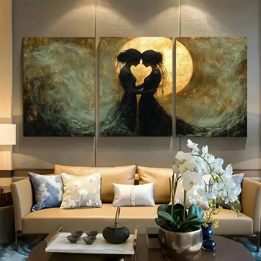 3pcs Romantic Embrace of Two Women in Lace Metal Print Ready to Hang Art