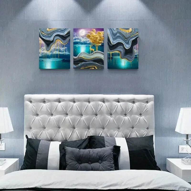 3pcs Golden Deer & Ocean Landscape Metal Print Ready to Hang Art