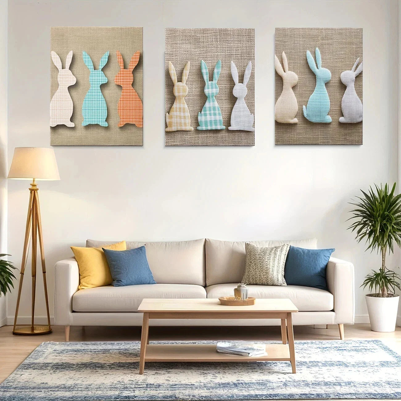 3pcs White Blue & Orange Bunnies Elegant Metal Print Ready to Hang Art