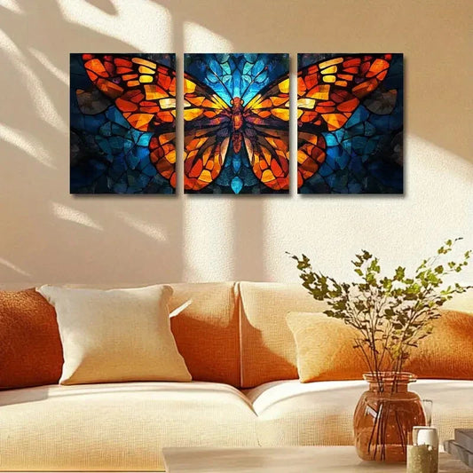 3pcs Colorful Butterfly Stained Glass Style Metal Print Ready to Hang Art