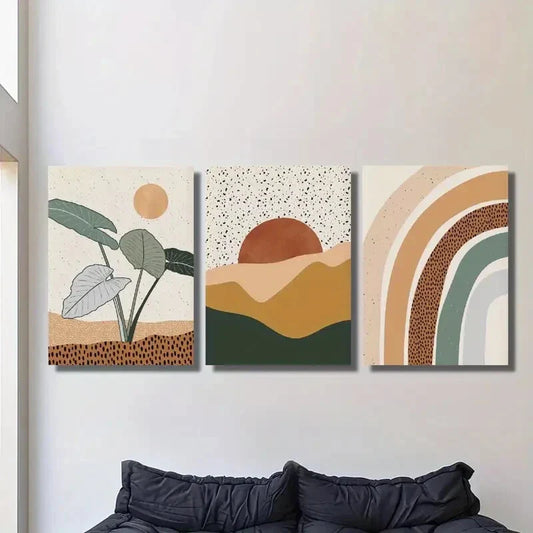 3pcs Boho Style Wall Painting, Sunset, Pastoral, LMetal Print Ready to Hang Art