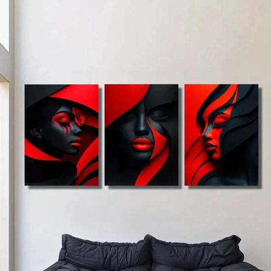 3pcs geometric red makeup poster black and red Wall Art Set Canvas Framed 40x60cm - High Quality Print 100% Australian Made Wall Canvas Ready to Hang